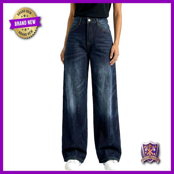 Denim - Baggy Wide Leg Jeans, Mid Rise Boyfriend Denim Pants, Y2K Vintage Style